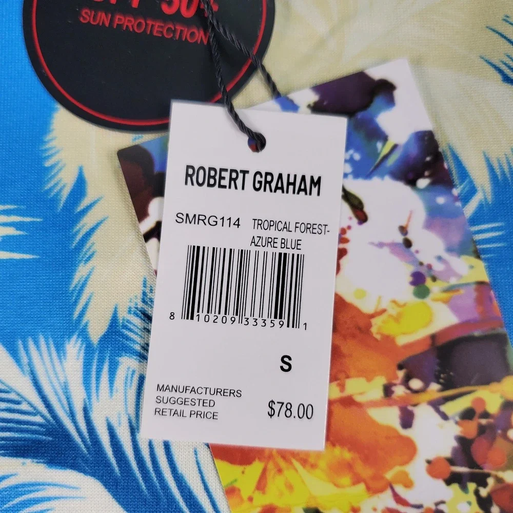 Robert Graham Mens Tropical Forest Azure Blue UPF 50+ Rash Guard S SMRG114 NEW